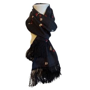 DKNY 100% Silk Novelty Flagstick Fringe Scarf Black